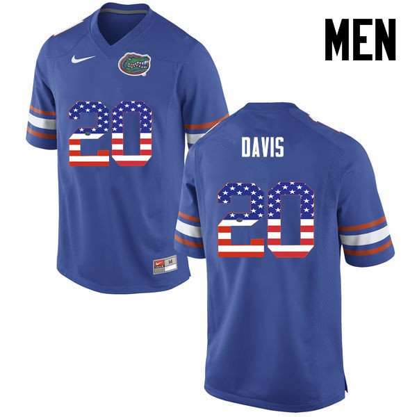 Florida Gators Men #20 Malik Davis College Football USA Flag Fashion Blue